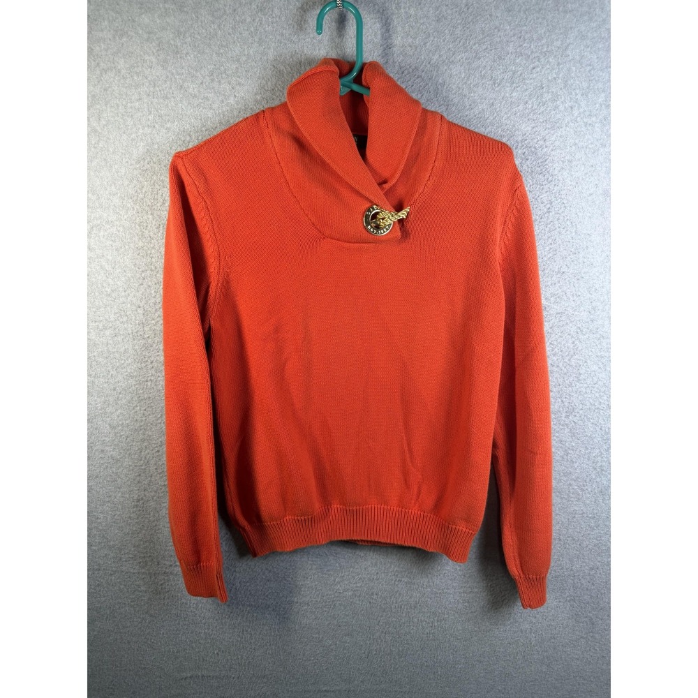 Lauren Ralph Lauren Sweater Womens Large Orange Cowl Neck Toggle Cotton Knit